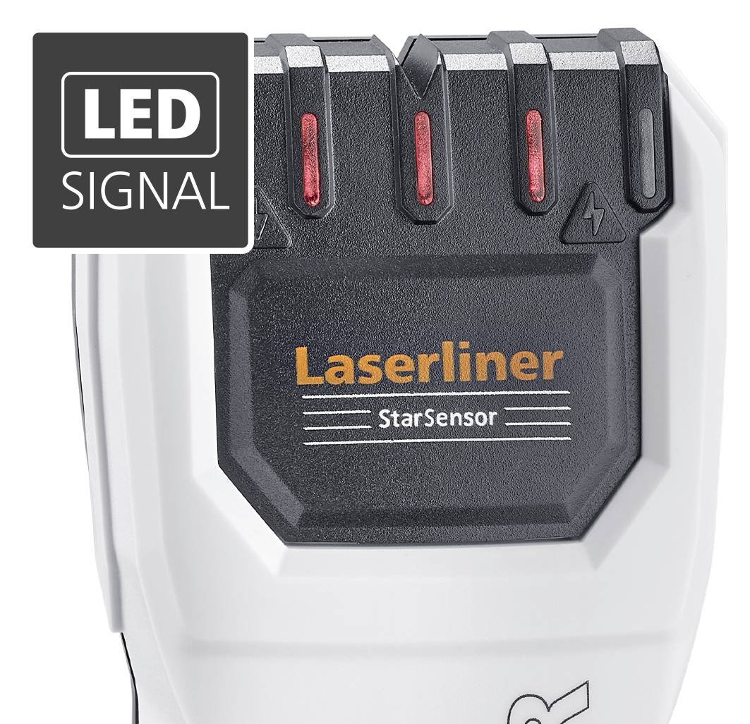 Laserowy detektor 'Laserliner StarSensor' z pięcioma czerwonymi wskaźnikami LED sygnalizującymi stan urządzenia. W lewym górnym rogu znajduje się wskazówka 'LED SIGNAL'.