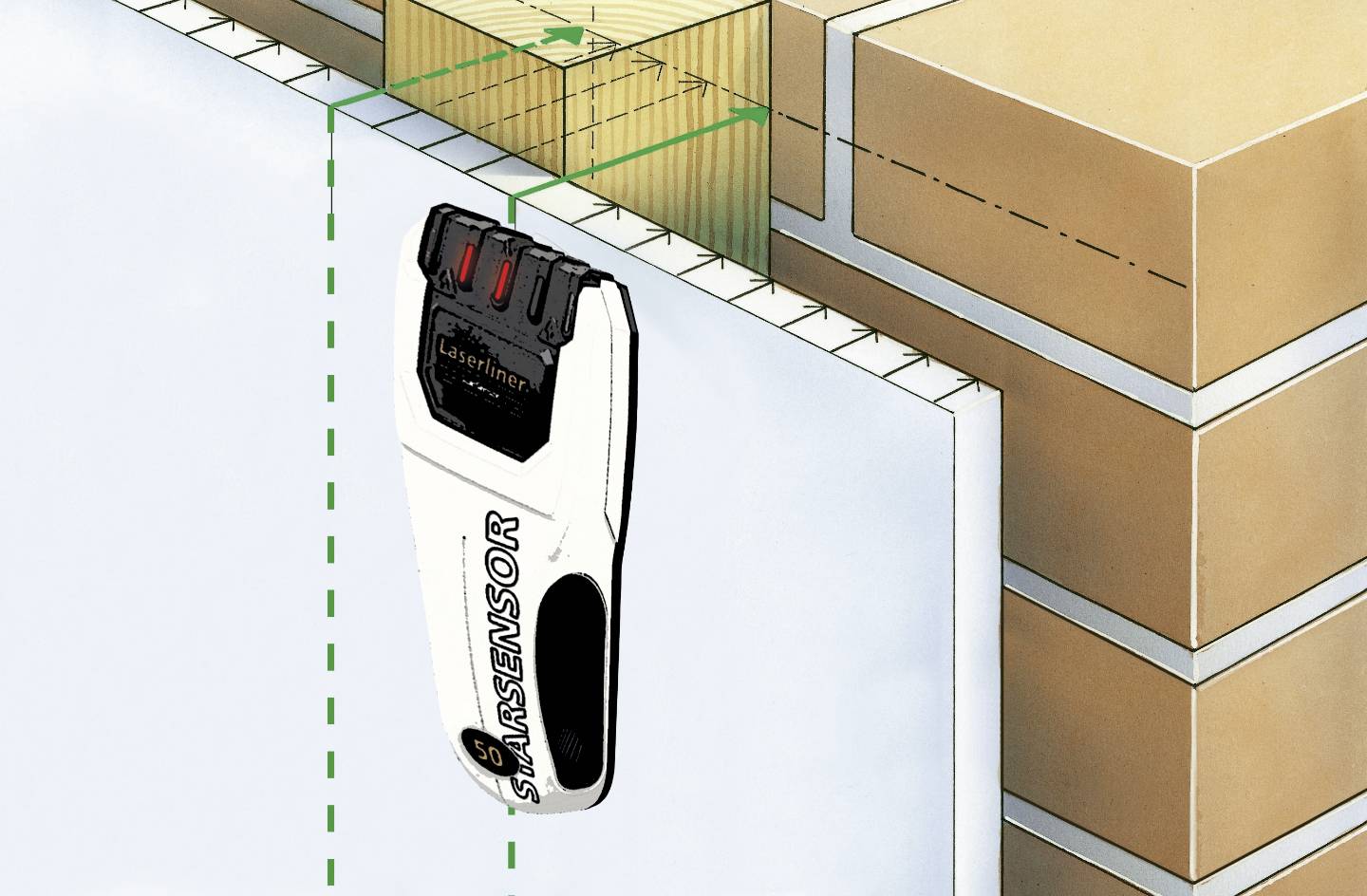 Urządzenie do pomiaru grubości ściany z czujnikiem zamontowanym na płycie gipsowo-kartonowej. Wskazuje wewnętrzne belki drewniane.