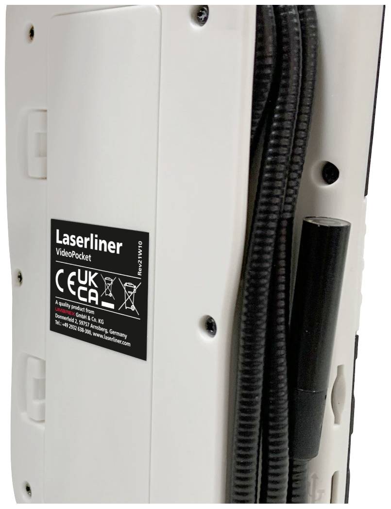Ręczne urządzenie z napisem 'Laserliner VideoPocket', oznaczeniem CE i kablami, prawdopodobnie przyrząd inspekcyjny.