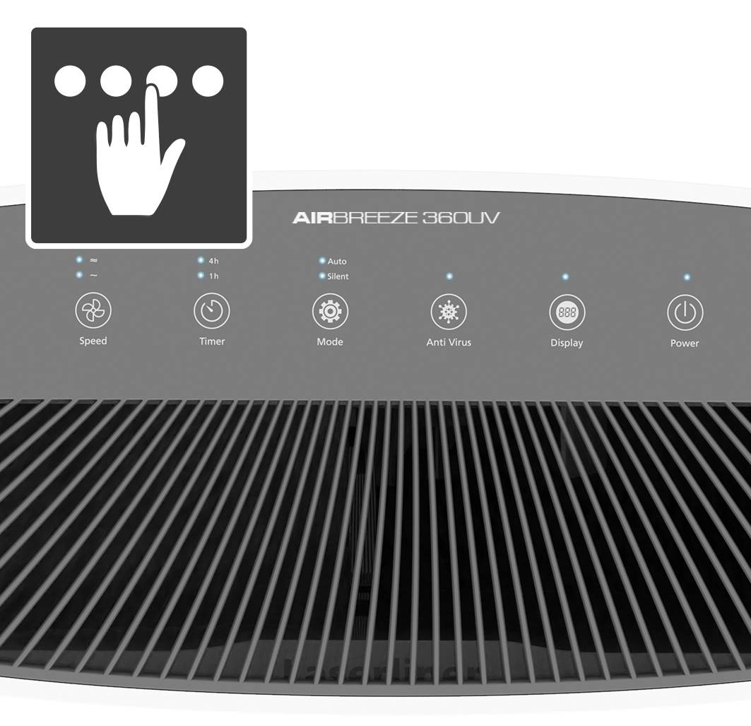 Panel sterujący oczyszczacza powietrza z symbolami prędkości, timera, trybu, funkcji antywirusowej, wyświetlacza, przycisku zasilania oraz ikoną dotykową.