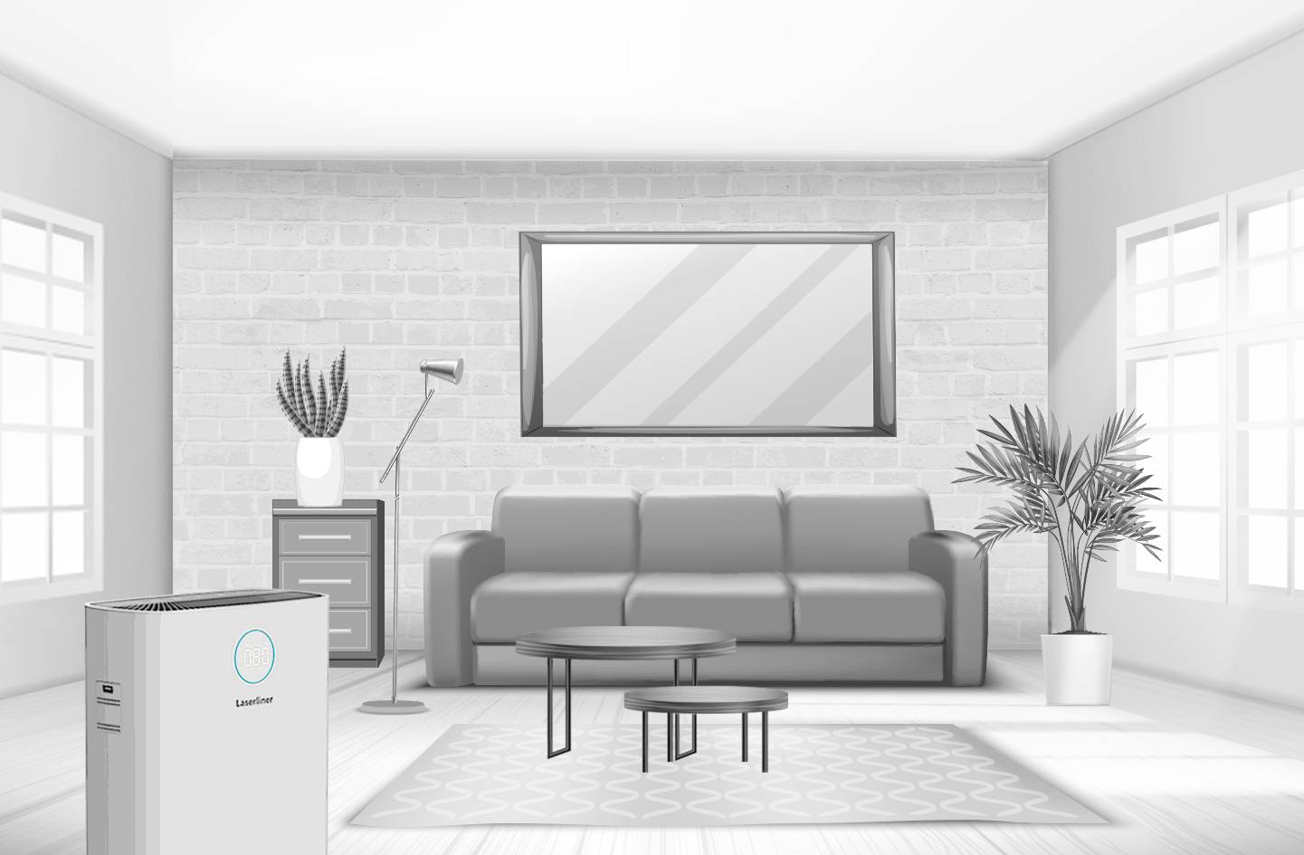 Nowoczesny salon z szarą sofą, dwoma okrągłymi stolikami kawowymi, roślinami i białym oczyszczaczem powietrza na pierwszym planie.