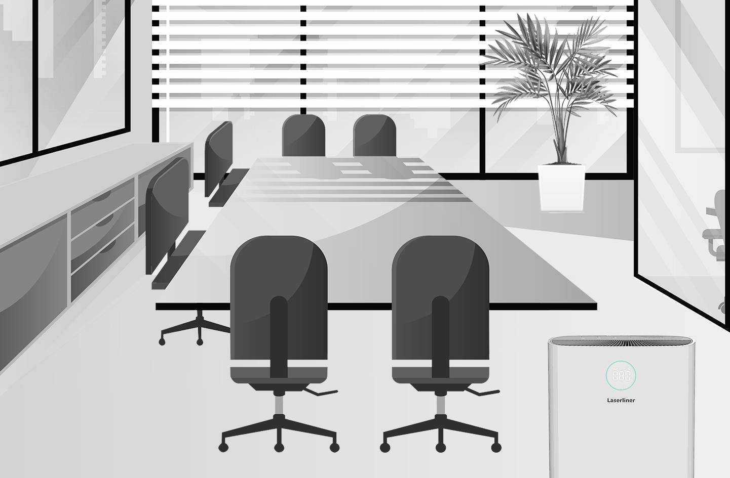 Sala konferencyjna z dużym stołem i sześcioma krzesłami, żaluzje okienne częściowo zasłonięte. W przedniej części pomieszczenia stoi oczyszczacz powietrza.