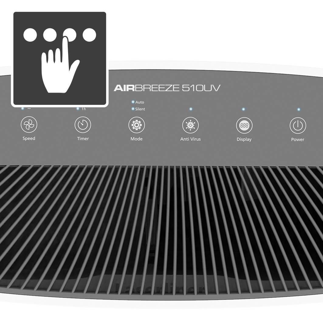 'Wyświetlacz oczyszczacza powietrza z symbolami prędkości, timera, trybu, funkcji antywirusowej, wyświetlacza i zasilania. Symbol dotykowy u góry po lewej stronie.'