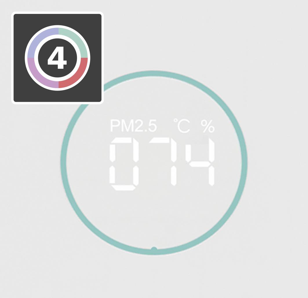 Diagram kołowy z liczbą '74', przedstawiający zanieczyszczenie powietrza (PM2,5), temperaturę w stopniach Celsjusza oraz wilgotność powietrza w procentach.