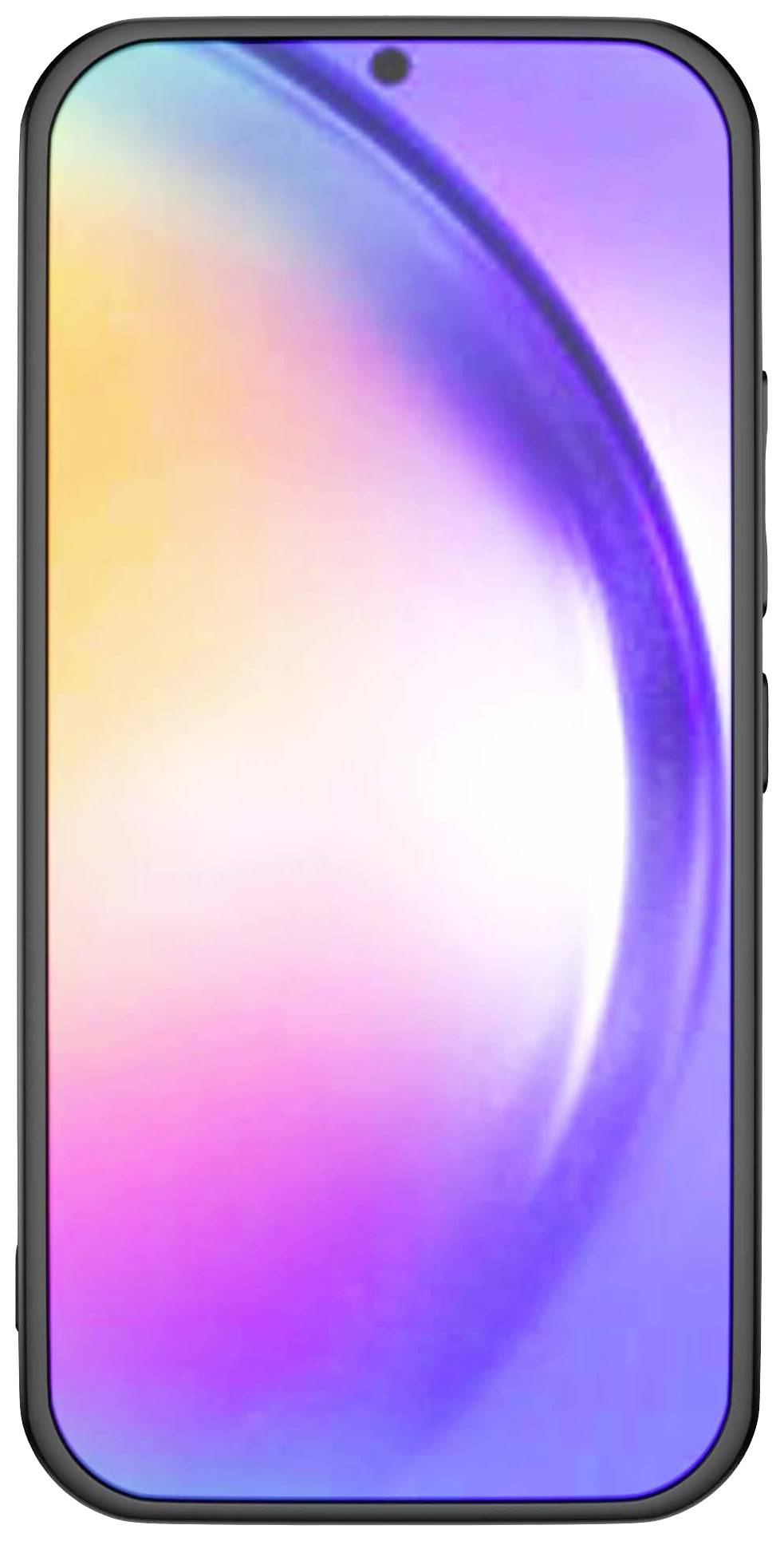 Smartfon z kolorowym, świecącym ekranem, prezentujący mieszankę fioletowych, niebieskich i pomarańczowych barw.