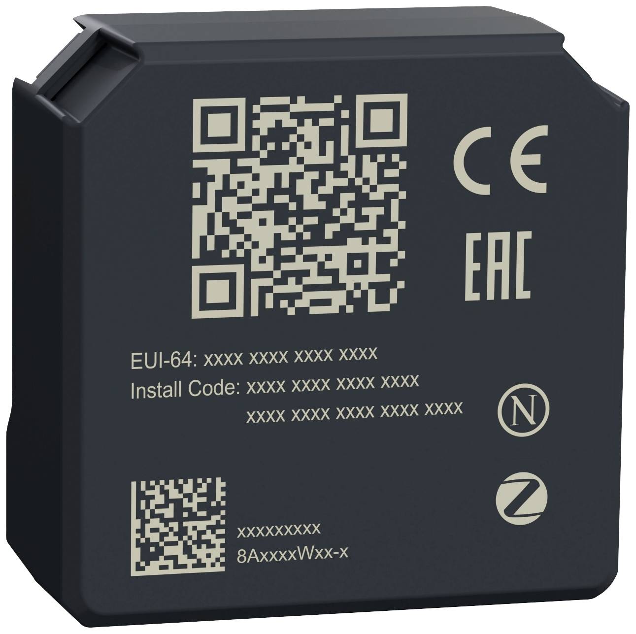 Czarne urządzenie w kształcie baterii z kodami QR oraz certyfikatami CE i EAC. Zawiera numer seryjny i kody instalacyjne.