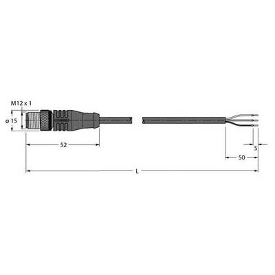 Rysunek techniczny złącza M12 z przewodem. Opisy pokazują wymiary: długość całkowita 52 mm, część przewodowa 50 mm, średnica wtyczki 15 mm.