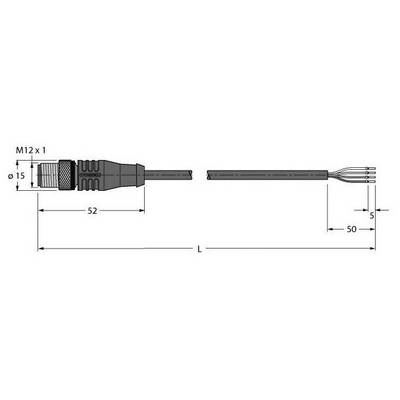 Rysunek techniczny wtyczki M12 z wymiarami: 52 mm długości wtyczki, 50 mm długości kabla, 5 mm odległości między końcówkami przewodów.