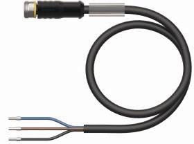 Czarny kabel elektryczny trzyżyłowy: niebieski, brązowy i szary. Odpowiedni do zasilania lub transmisji danych.