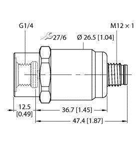 Rysunek techniczny cylindrycznego połączenia metalowego z wymiarami w milimetrach i calach. Zawiera oznaczenia gwintów G1/4 i M12x1.