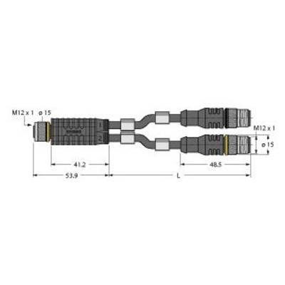 Schemat elektryczny rozdzielacza konfekconowalnego w terenie w kształcie 'Y', przedstawiający złącze M12 x 1, z wymiarami 53,9 mm i 48,5 mm.