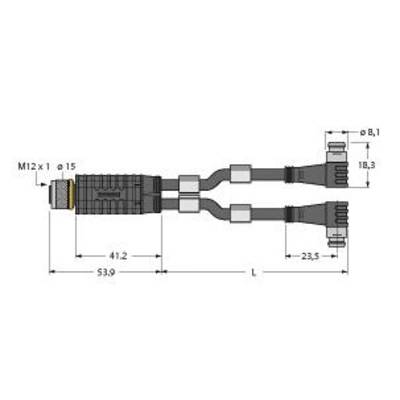 Rysunek techniczny rozgałęziacza Y z wtyczką M12x1 i dwoma przyłączami. Wymiary: 41,2 mm, 53,9 mm, 23,5 mm.