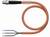 Pomarańczowy kabel z trzema odsłoniętymi przewodami miedzianymi na jednym końcu i metalowym złączem na drugim końcu.