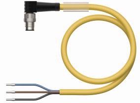 Żółty kabel sensora z wtyczką kątową. Widoczne trzy żyły (brązowa, niebieska, czarna). Odpowiedni do zastosowań przemysłowych.