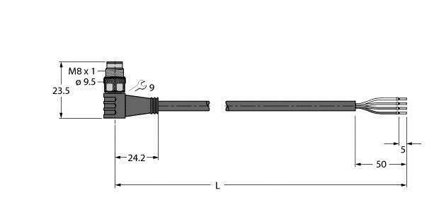 Rysunek techniczny złącza M8 z kablami. Wymiary: 23,5 mm wysokości, 24,2 mm długości całkowitej, 9,5 mm średnicy gwintu.