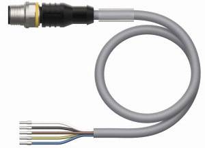 Szary, spiralny kabel z metalowym złączem po jednej stronie i odkrytymi, kolorowo oznaczonymi przewodami po drugiej stronie.