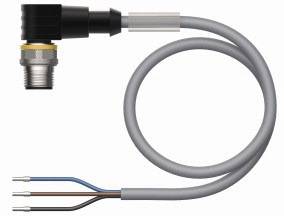 Szary kabel czujnika z trzema kolorowymi przewodami (niebieski, brązowy, czarny) zakończony złączem kątowym do podłączenia w urządzeniu technicznym.