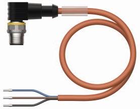 'Wtyczka kątowa z czterożyłowym przewodem. Trzy styki metalowe na odkrytym końcu. Przewód jest pomarańczowy i skręcany.'