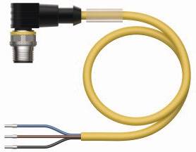 Żółty kabel czujnika z metalowym złączem i trzema kolorowymi przewodami (brązowym, niebieskim, czarnym) jest przedstawiony w układzie spiralnym.