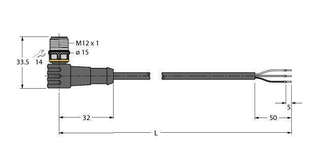 Rysunek techniczny złącza z gwintem M12. Wymiary: wysokość wtyczki 33,5 mm, długość kabla 32 mm plus końcówki kabla.