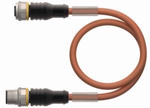 Pomarańczowy kabel z dwoma złączami na końcach, stosowany do połączeń elektrycznych w zastosowaniach przemysłowych.