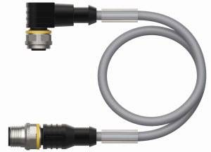 Szary, spiralny kabel z prostokątnym złączem na jednym końcu i metalowym stykiem na drugim końcu.