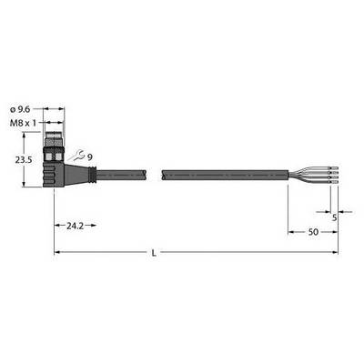 Diagram wtyczki M8 z wymiarami: 9,6 mm średnicy, całkowita długość 'L', przewód w odległości 5 mm od końcowych zacisków.
