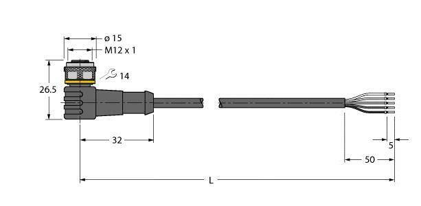 Rysunek techniczny wtyczki z przewodem. Szczegóły przedstawiają wymiary: 26,5 mm, 32 mm, 50 mm. Gwint: M12 x 1.