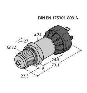 Rysunek techniczny cylindrycznego czujnika z wtyczką i gwintem. Wymiary: 23,3, 24,5, 73,1 mm; DIN EN 175301-803-A.