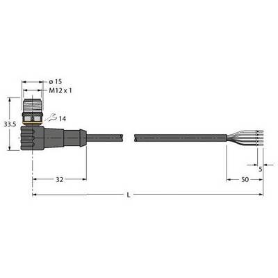 Rysunek techniczny wtyczki kablowej z gwintem M12. Podane wymiary: 33,5 mm wysokości, 32 mm szerokości, 50 mm długości kabla.