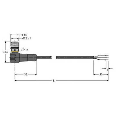 Rysunek techniczny złącza elektrycznego z wymiarami: 33,5 mm, 32 mm i 50 mm długości przewodu. Gwint: M12 x 1.