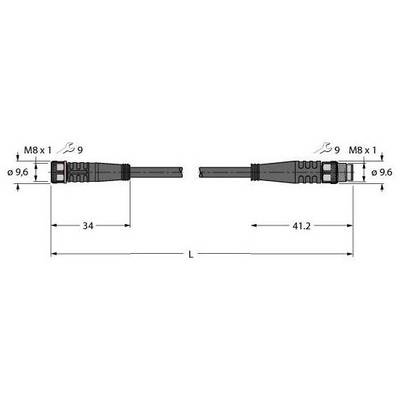 Rysunek techniczny złącza M8. Wymiary: lewy wtyk 34 mm, prawy wtyk 41,2 mm.