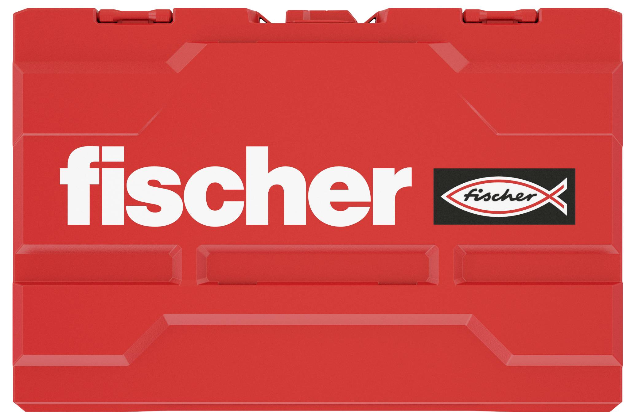 Duży, czerwony kufer na narzędzia z białym logo 'fischer' i symbolem ryby po prawej stronie.