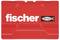 Duży, czerwony kufer na narzędzia z białym logo 'fischer' i symbolem ryby po prawej stronie.