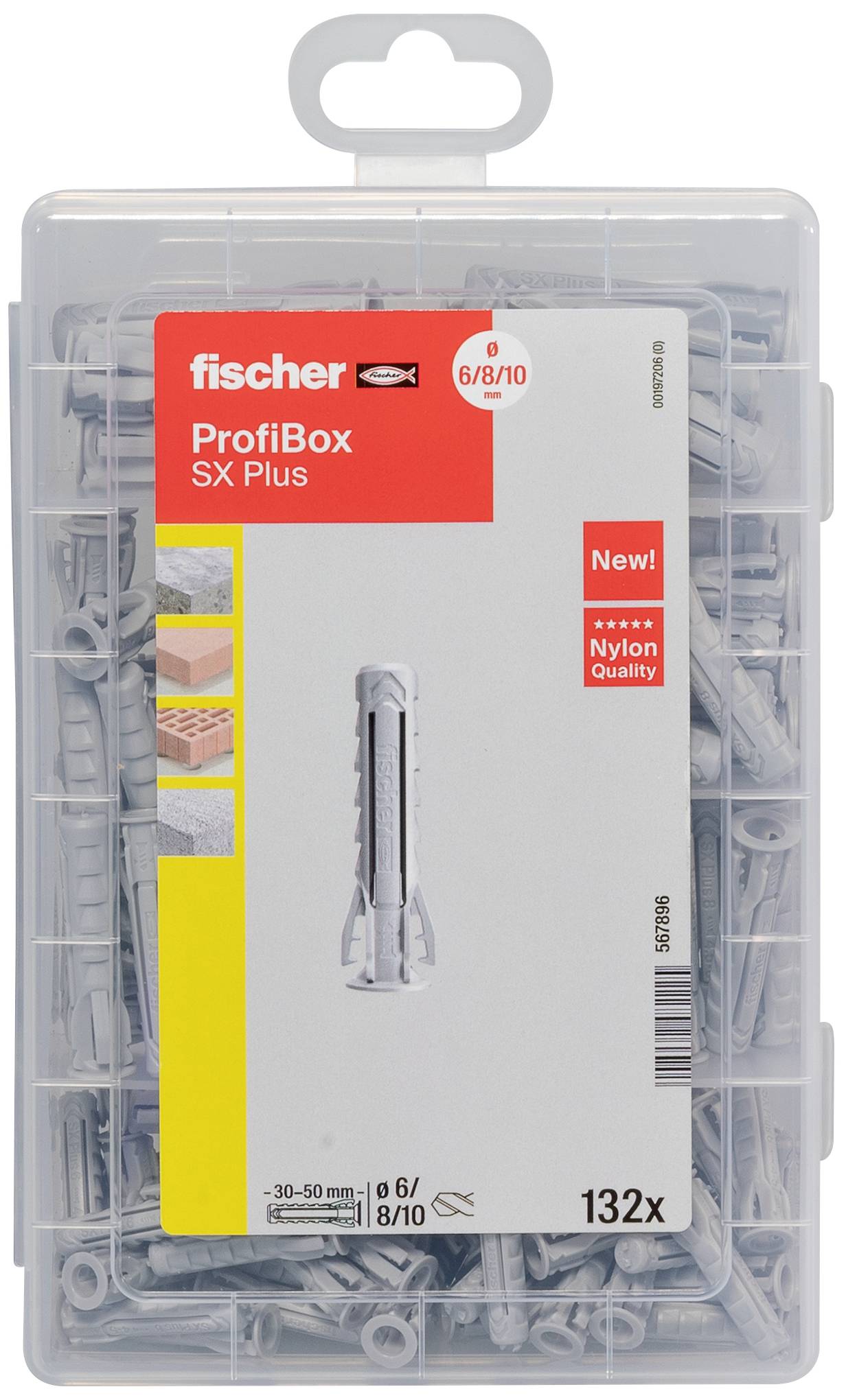 Plastikowe pudełko z zestawem kołków rozporowych: Fischer ProfiBox SX Plus, o średnicy 6/8/10 mm, 132 sztuki, odpowiednie do betonu i cegły.