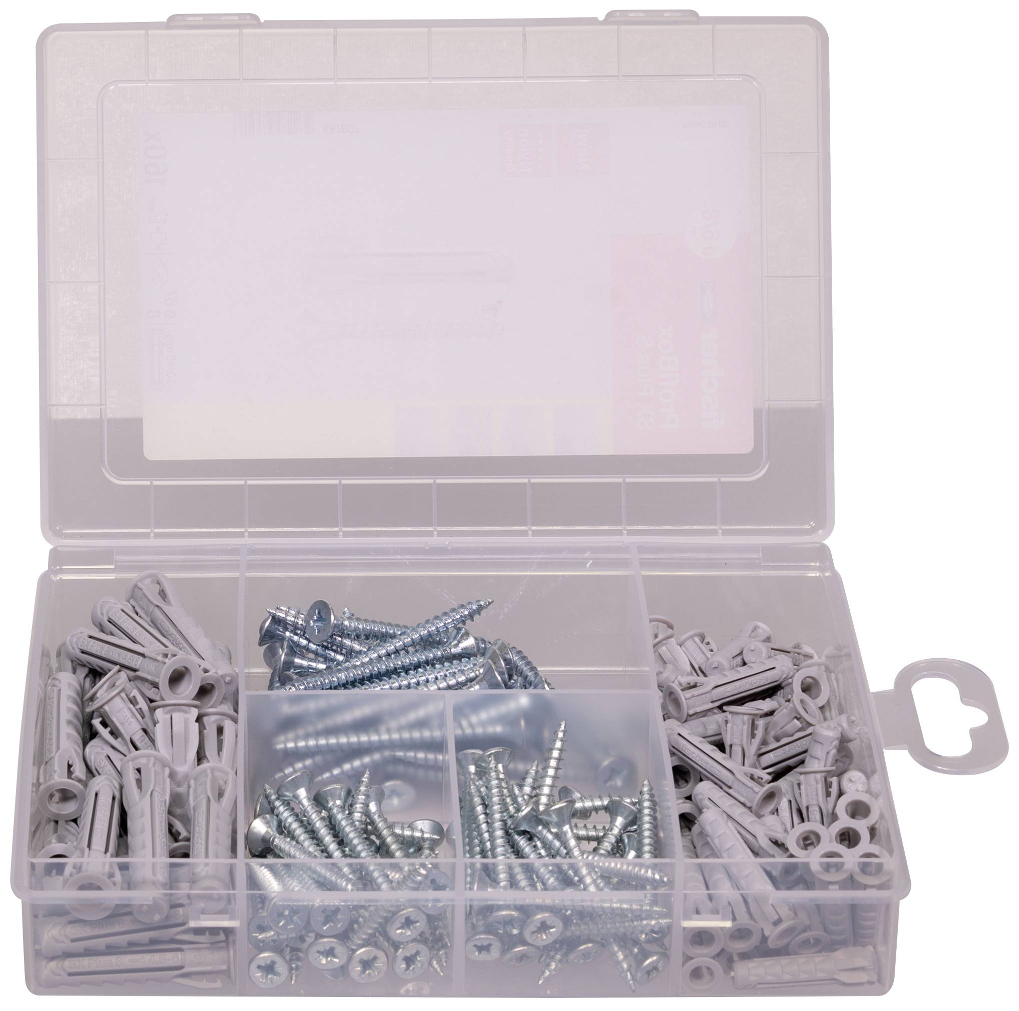 Otwarte pudełko z różnymi śrubami i kołkami w osobnych przegródkach.