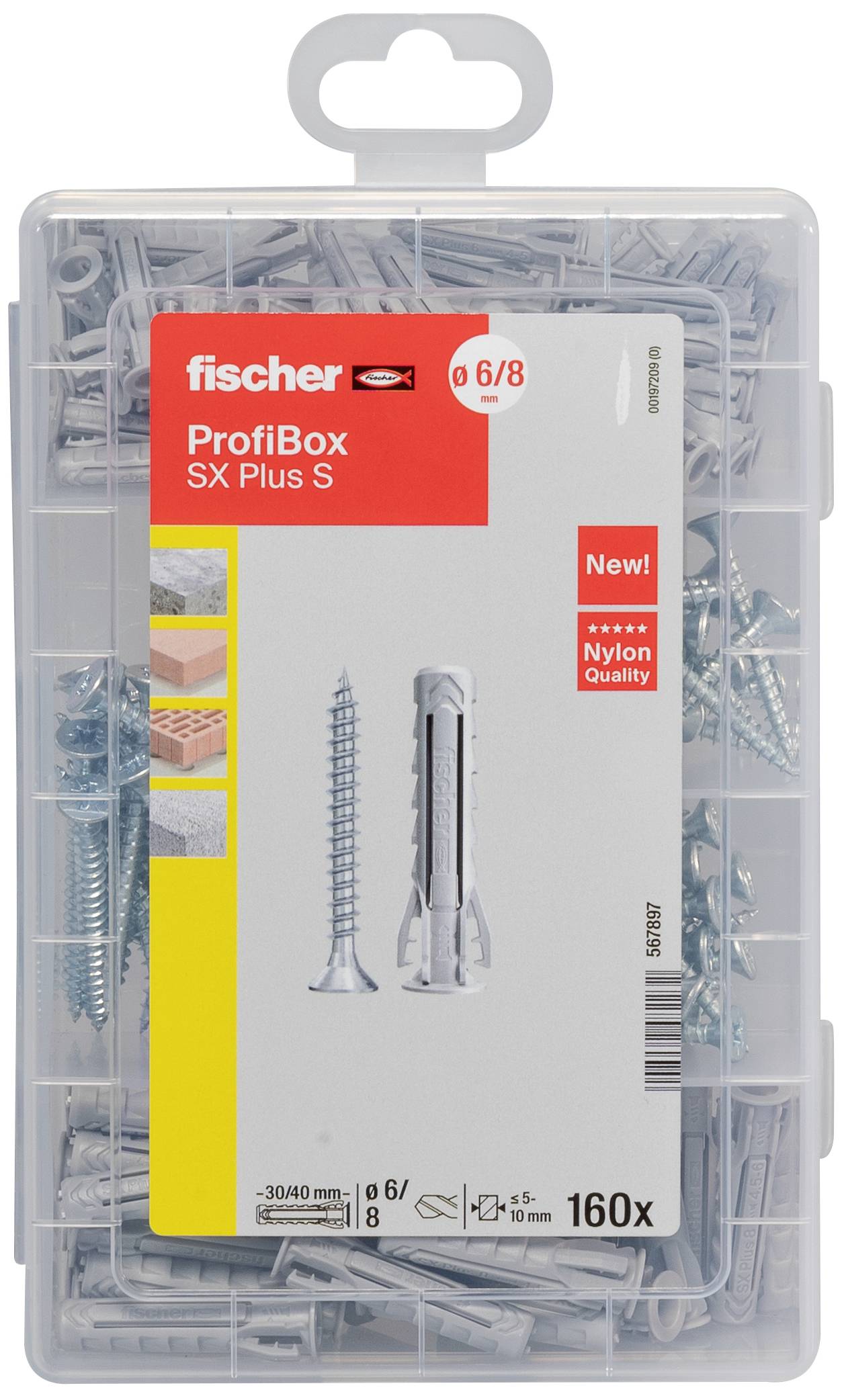 Pudełko z kołkami Fischer i śrubami, model 'ProfiBox SX Plus S', przeznaczone do stabilnych mocowań. Zawiera 160 sztuk w rozmiarze 6/8.