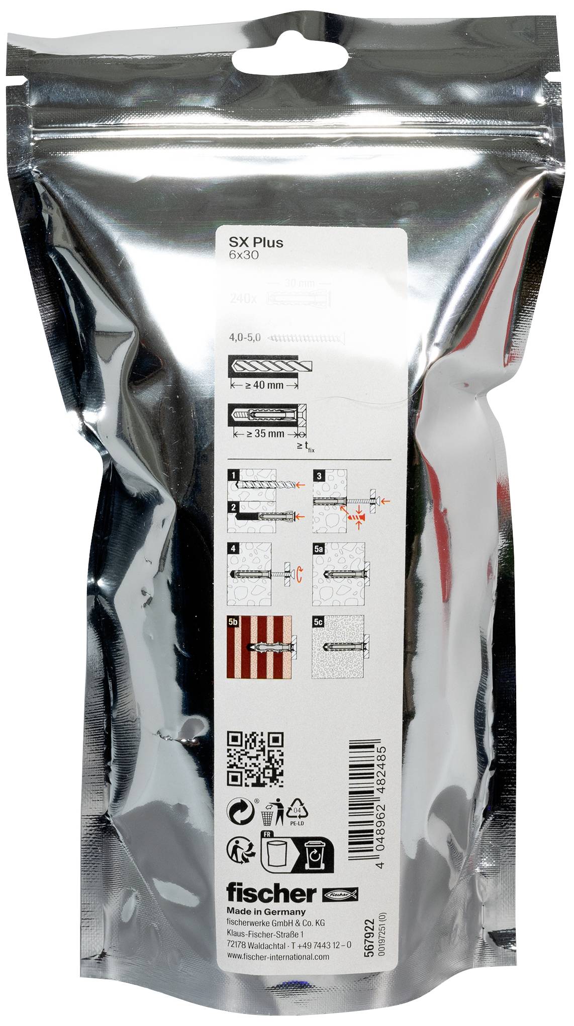 Opakowanie kołków marki 'fischer', model 'SX Plus 6x30'. Prezentuje instrukcje i wskazówki dotyczące stosowania w różnych podłożach.