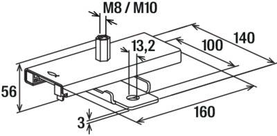 Rysunek techniczny elementu z wymiarami w milimetrach: długość 140, głębokość 160, wysokość 56. Oznaczenia dla M8/M10 oraz 13,2.