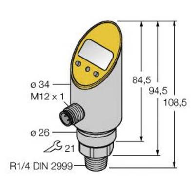 Diagram cylindrycznego czujnika ciśnienia z wymiarami w milimetrach. Przedstawia podłączenia i rozmiary; M12 x 1, R1/4 DIN 2999.