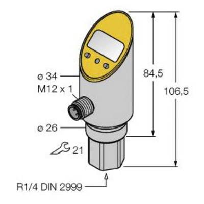 Rysunek czujnika ciśnienia z wymiarami i przyłączami. Wysokość: 106,5 mm, średnica: 34 mm. Przyłącze: M12 x 1.