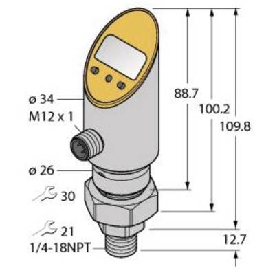 Cyfrowy manometr z wyświetlaczem i powierzchnią przycisków. Wyświetla wymiary w mm: wysokość 109,8, szerokość od 26 do 34 oraz rozmiary gwintu.