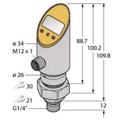 Rysunek elektronicznego czujnika ciśnienia z podanymi wymiarami: wysokość 100,2 mm, średnica 34 mm. Gwint M12 x 1, złącza G1/4''.