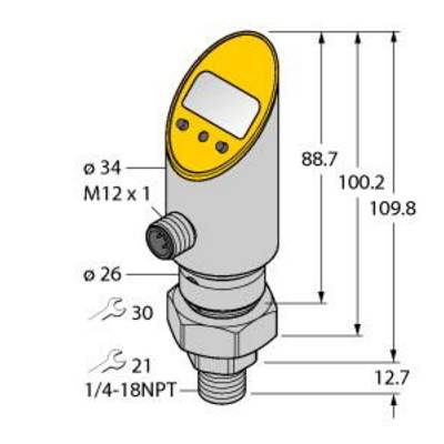 Czujnik z wyświetlaczem cyfrowym, rysunkiem technicznym i przyłączami. Wymiary: wysokość 109,8 mm, Ø34 mm; złącza: M12 x 1, 1/4–18NPT.