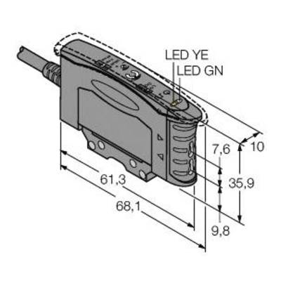 Rysunek techniczny prostokątnego czujnika elektrycznego o wymiarach: długość 68,1 mm, szerokość 9,8 mm, wysokość 35,9 mm. Diody LED do wyświetlania.