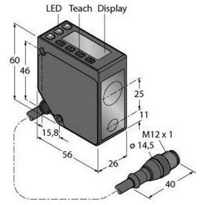 Rysunek techniczny prostokątnego czujnika z wyświetlaczem LED, przyciskami i złączami. Wymiary: 60 x 46 x 56 mm. Kabel z wtyczką M12.