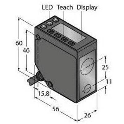 Diagram czujnika z wymiarami: szerokość 26 mm, wysokość 60 mm, głębokość 56 mm. Oznaczenia: 'LED', 'Teach', 'Wyświetlacz' u góry.