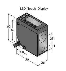 Rysunek prostokątnego czujnika z oznaczeniami 'LED', 'Teach', 'Wyświetlacz'. Wymiary: 60x26x56 mm, kabel w lewym dolnym rogu.