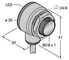Rysunek techniczny cylindrycznego czujnika z wymiarami: średnica 30 mm, długość 41 mm, gwint M18 x 1. Obecna dioda LED wskaźnikowa.