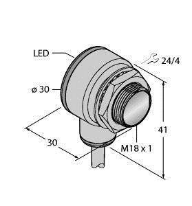 Rysunek techniczny cylindrycznego czujnika z wymiarami: średnica 30 mm, całkowita długość 41 mm, gwint M18 x 1, z diodą LED wskaźnikową.